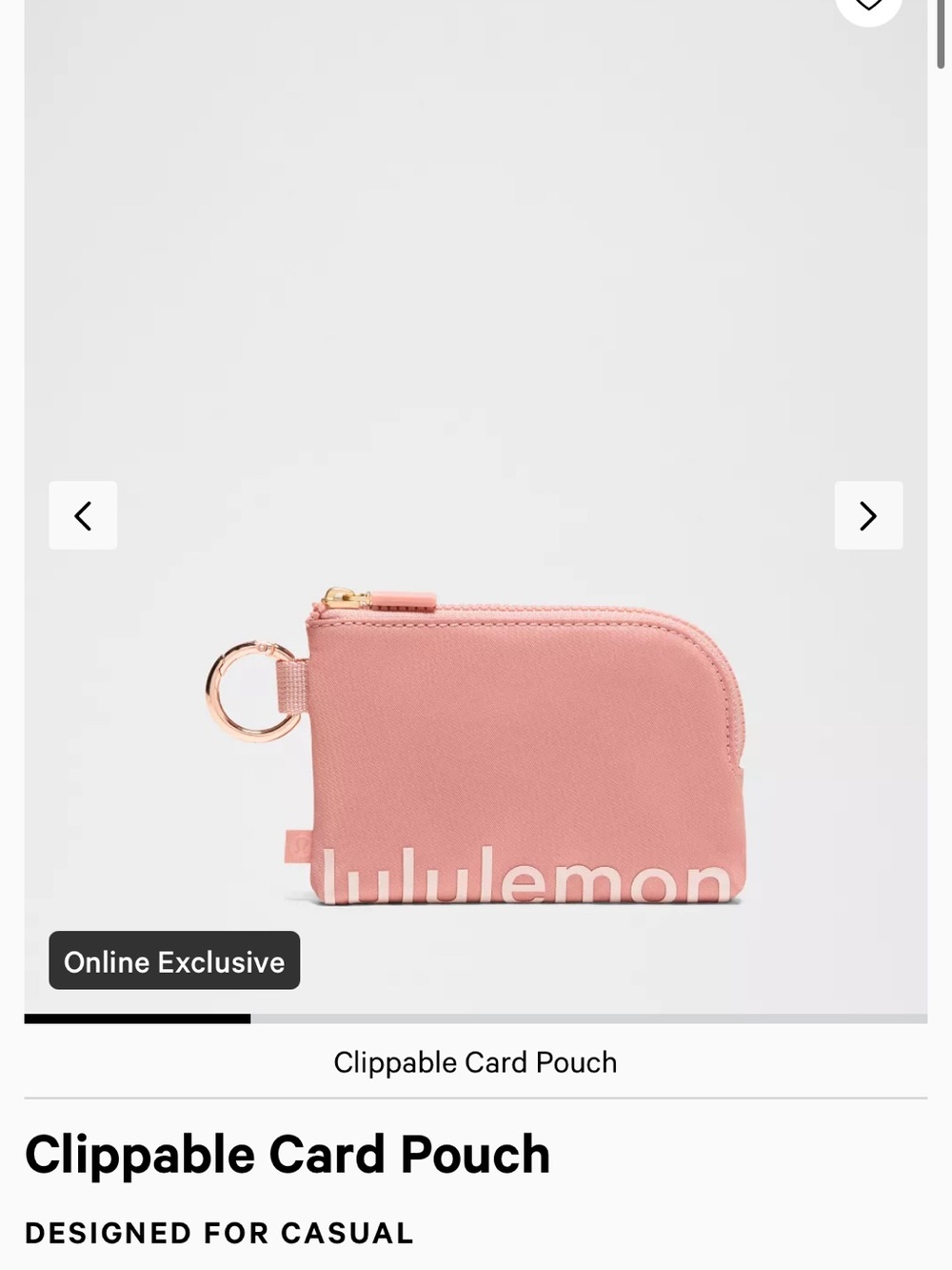lululemon athletica Rose Pink Clippable Card Pouch with Gold Ring